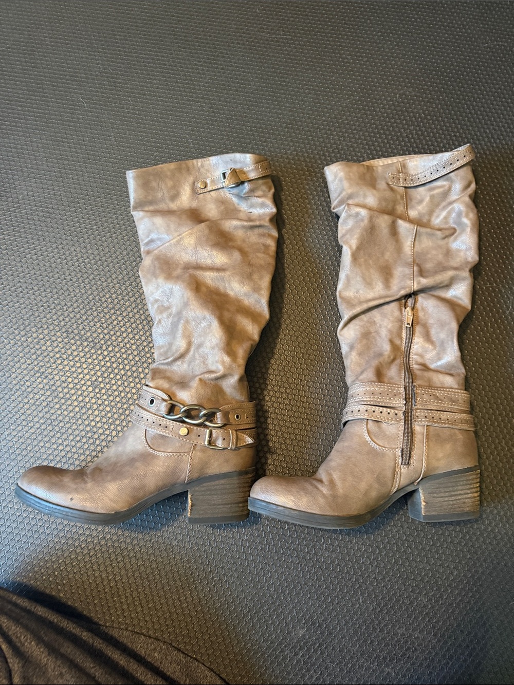 Women's Brown Mid-Calf Slouch Boots with Decorative Chain